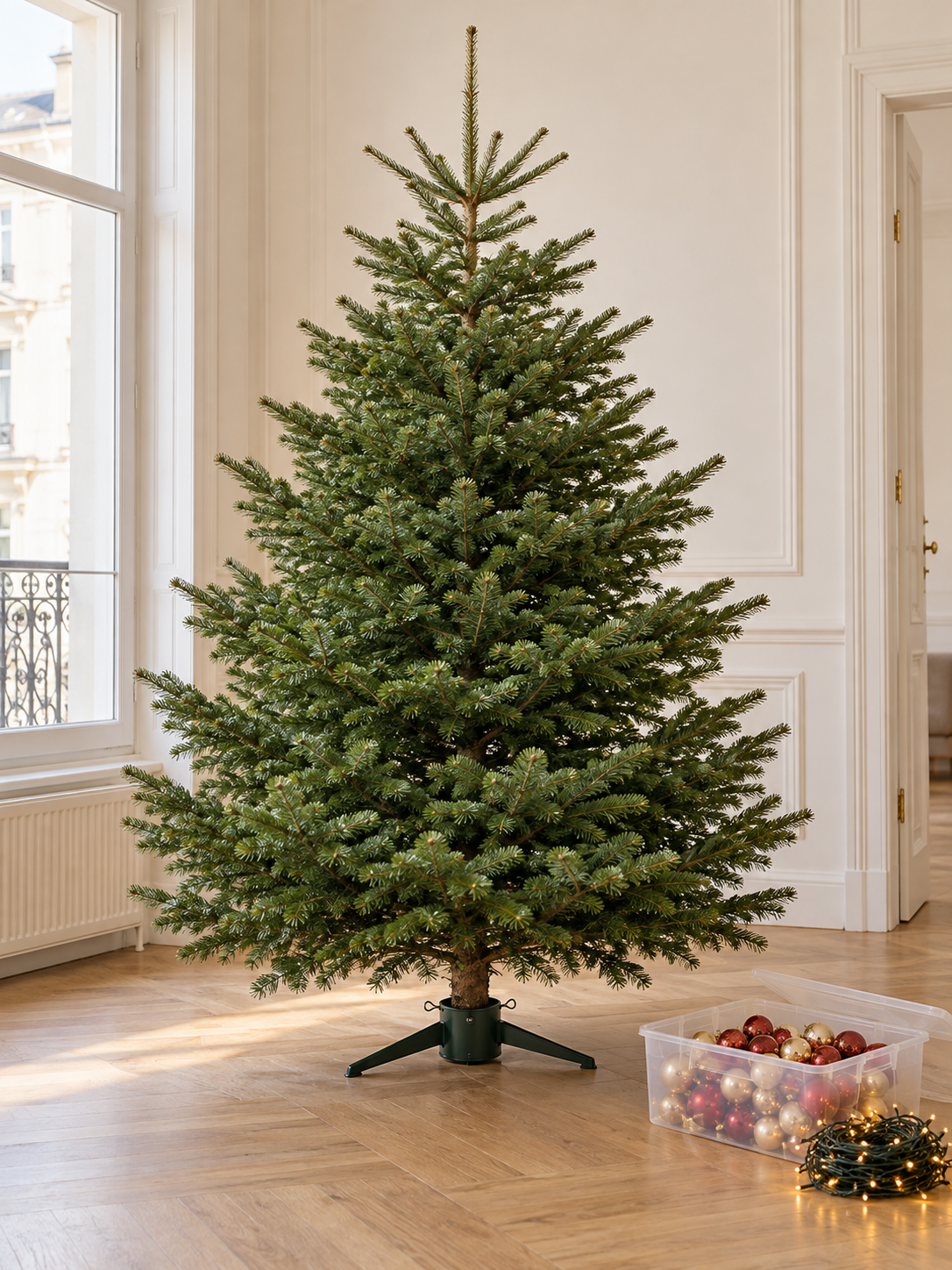Beispiel: ungeschmückter Baum mit Kugeln und Lichterkette in einer transparenten Box daneben